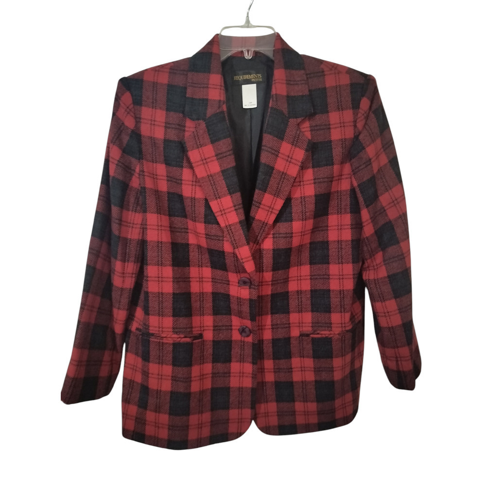 3190)Vtg Requirements Petites Wool Blend Tartan Plaid Notch Lapel Blazer Sz 16P